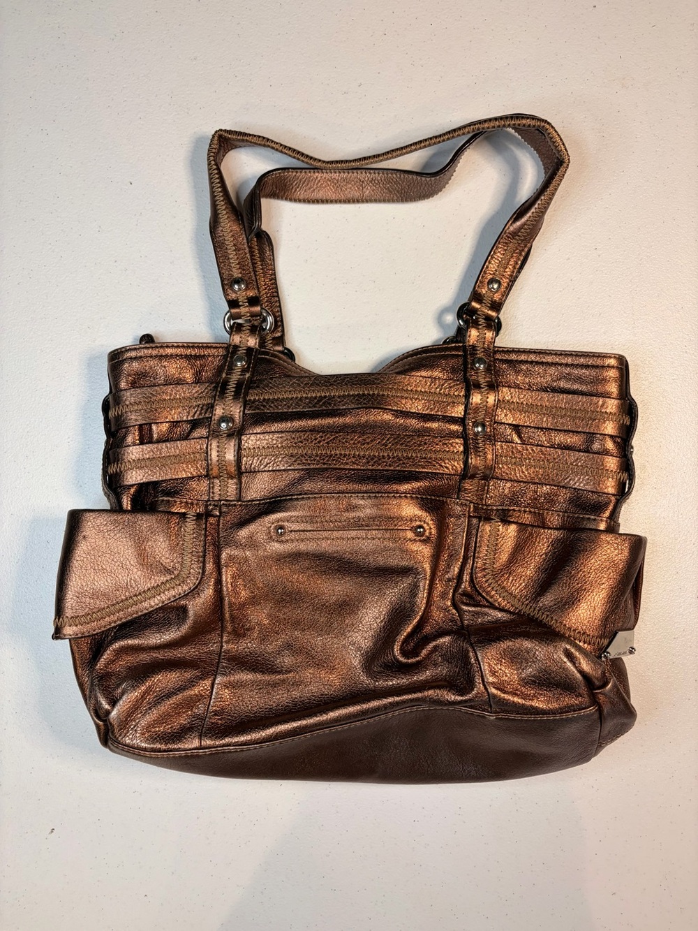 B. Makowsky Bronze Metallic Leather Shoulder Tote Bag Multi Pocket Satchel - Picture 2 of 5